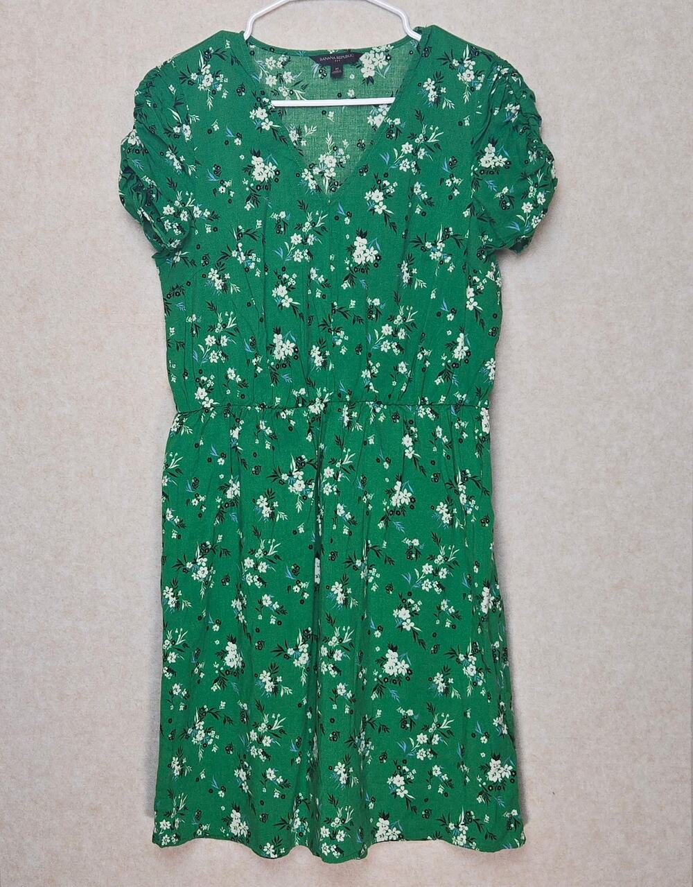 Banana Republic Womens Medium Green Floral V Neck Ruched Sleeve Midi Dress